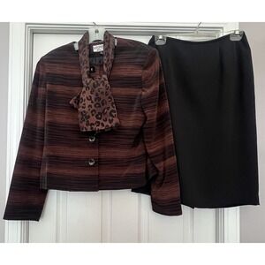 VTG Kasper Black Brown Women's‎ Suit Blazer Skirt Leopard Scarf Office Work Wear
